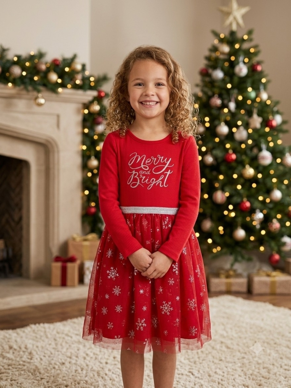 Girls' Red Merry and Bright Holiday Dress with Sparkle Waist